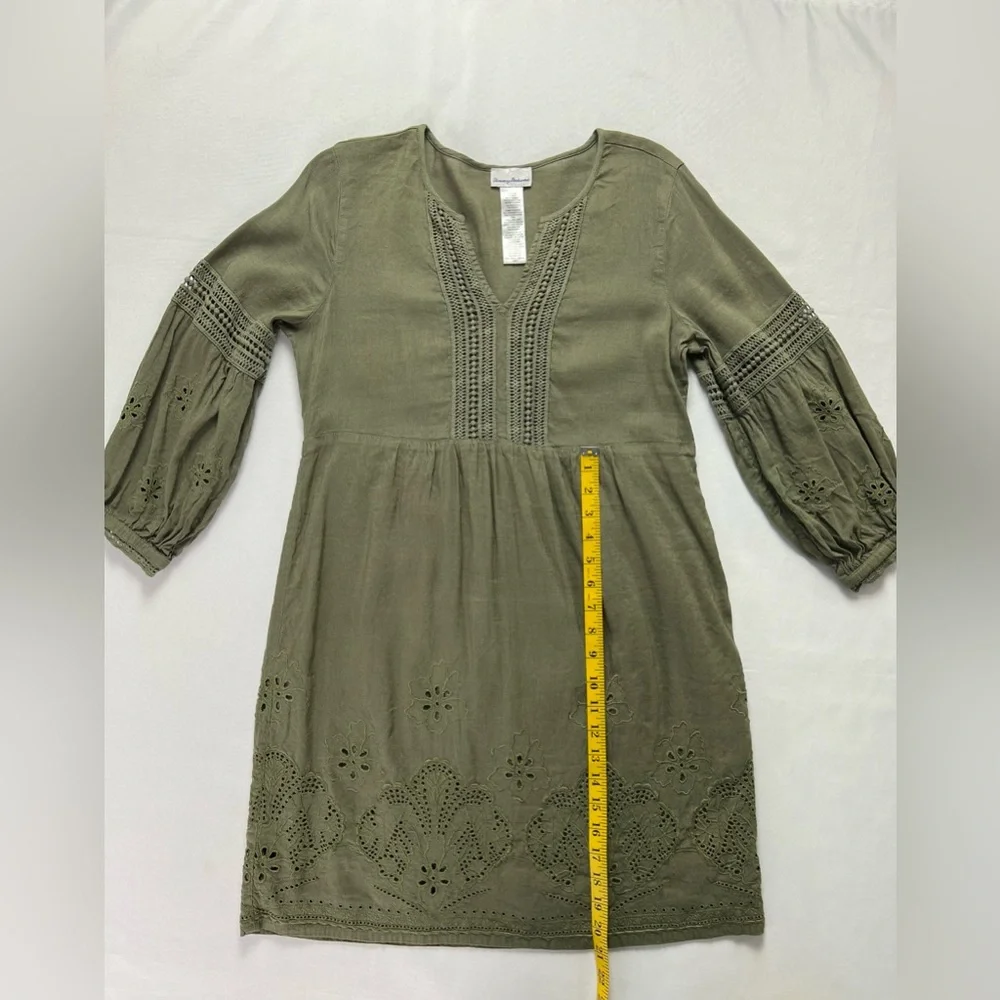 Tommy Bahama Olive Green Linen Viscose Eyelet Boho Peasant Dress - Picture 11 of 14